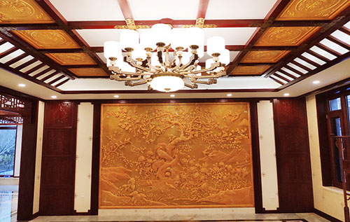 鄂州中式别墅客厅中式木作横梁吊顶装饰展示