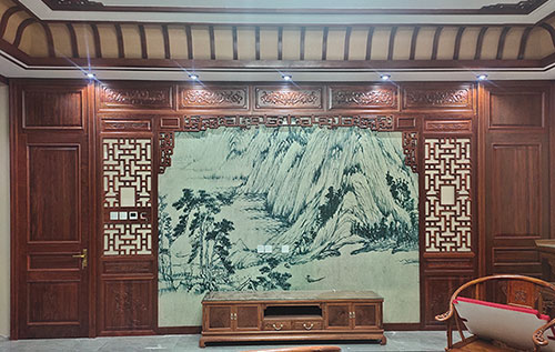 鄂州中式仿古别墅客厅背景墙花格木作装饰